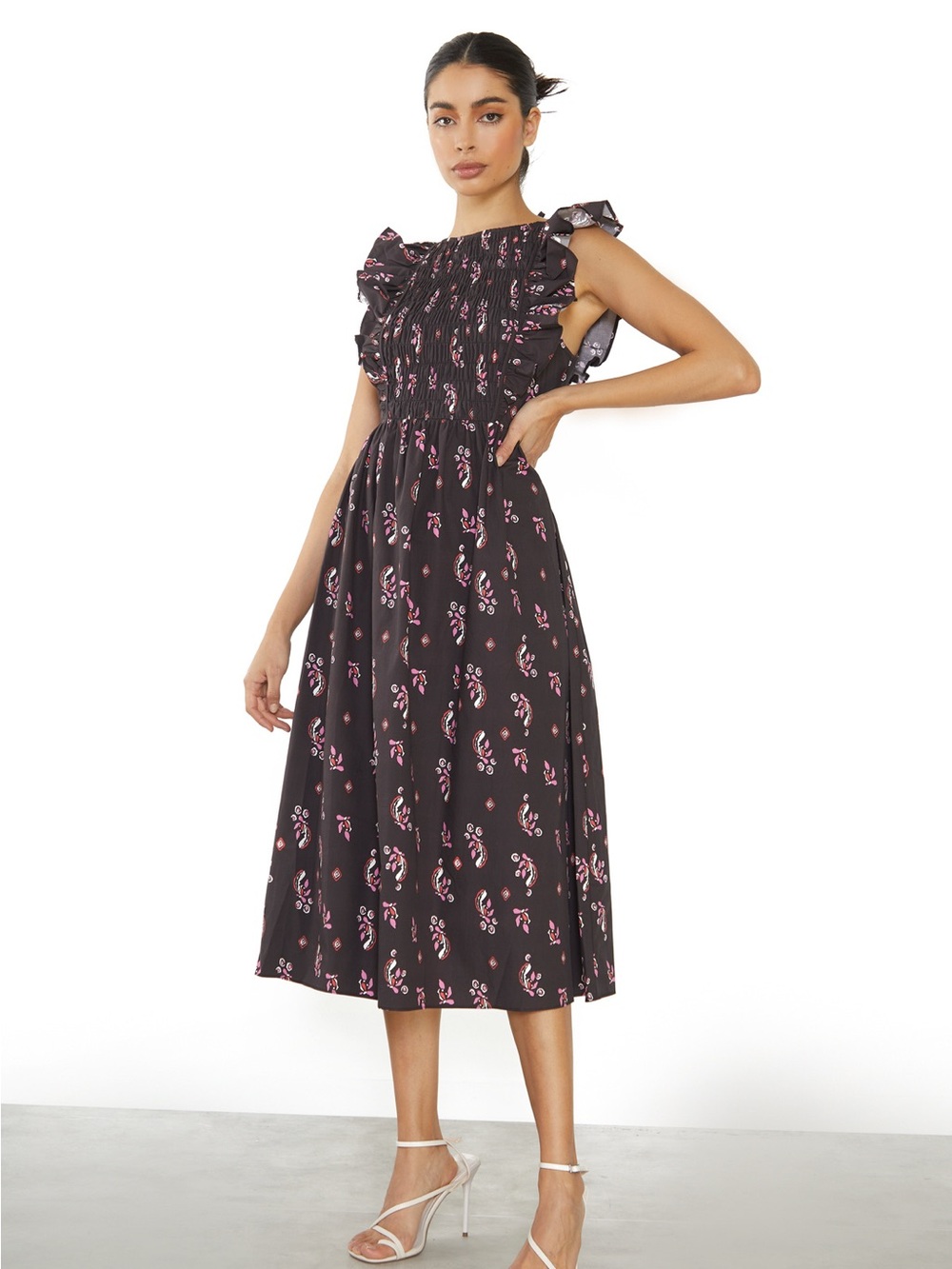 Glamorous Black Midi Dress with Pink Floral Print